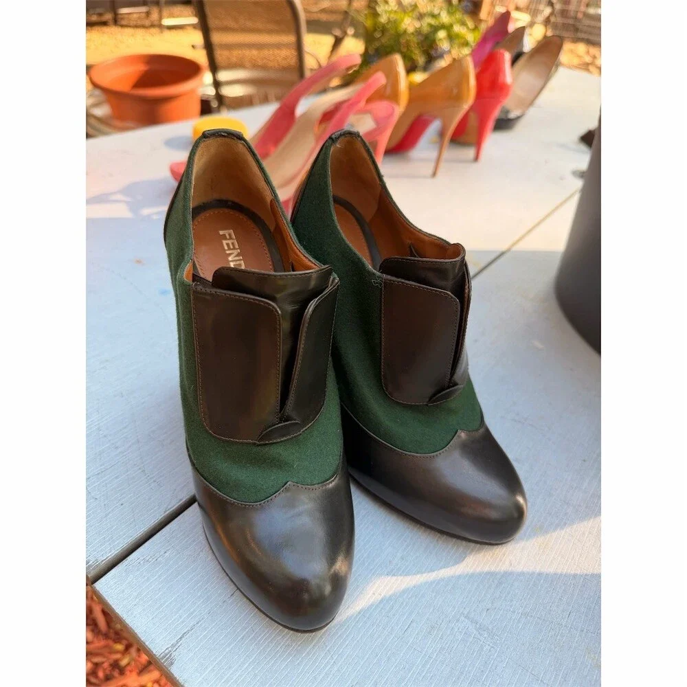 Fendi Platform Pump Heels Womens US 6.5 Green Brown Block Heel Round Toe - Picture 5 of 8